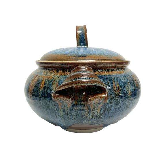 Artist Signed oRuchat Blue Brown Decorative Glazed Ceramic Lidded Pottery - Picture 6 of 10